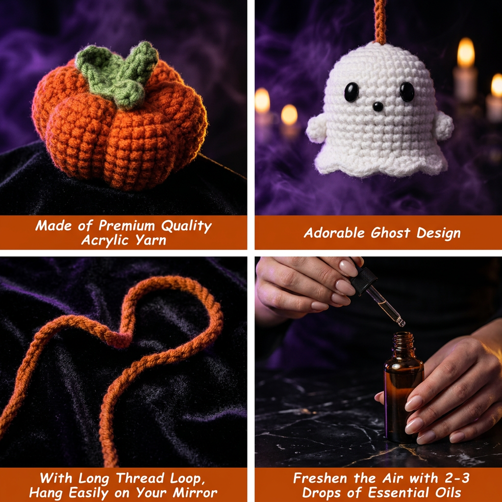 A 2x2 promotional collage showing two crocheted Halloween-themed items: an orange pumpkin with a green stem and a white ghost with black eyes. Text overlays describe premium quality acrylic yarn, the adorable ghost design, long thread loops for hanging on mirrors, and the option to add essential oils with a dropper into an amber bottle.