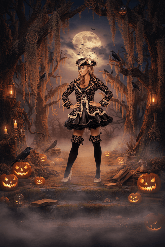 A woman stands in a spooky Halloween forest scene wearing a black pirate-style costume with gold trim, a matching hat, thigh-high stockings, and white heels. The scene includes a full moon, hanging mossy trees, crows, lanterns, and glowing jack-o'-lanterns.