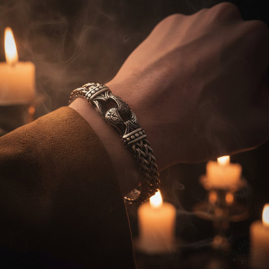 A close-up of a hand wearing a silver-toned braided bracelet with an ornate central clasp, styled with a brown suede sleeve.