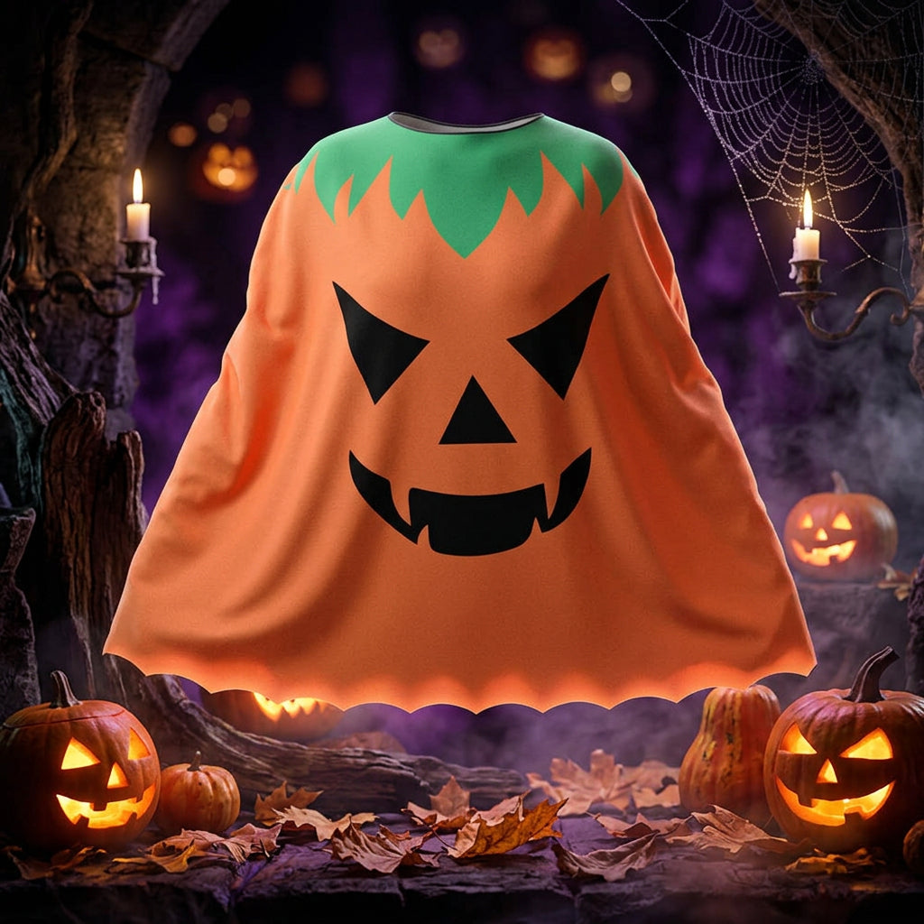 Orange cape with a pumpkin face design on a white background