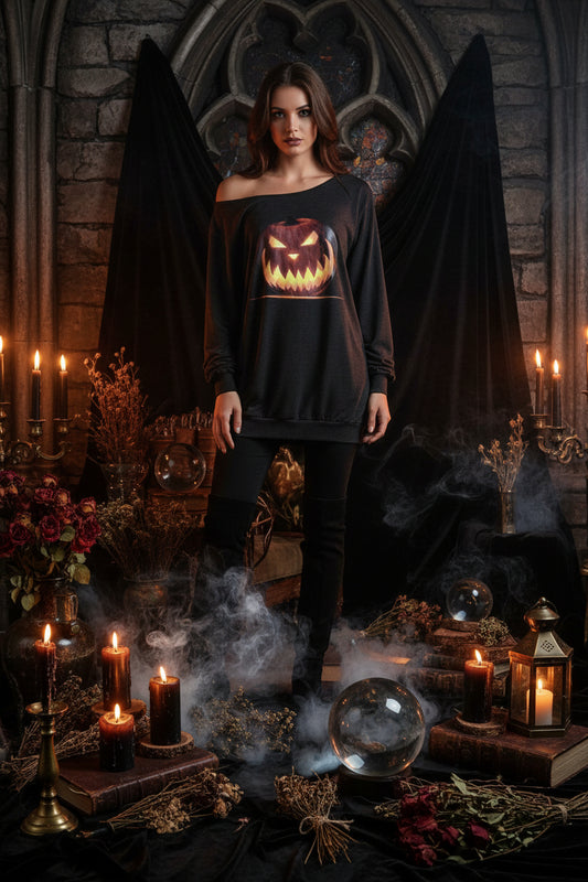 A dark gray off-the-shoulder long-sleeve sweatshirt featuring a large graphic print of a glowing jack-o'-lantern pumpkin on the front, set against a plain white background.
