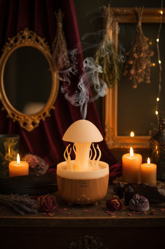 Humidifier with wooden base and white lamp on a white background