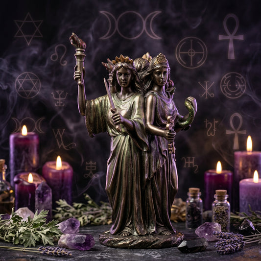 A bronze-finished statue depicting two classical female figures standing back-to-back, one holding a torch and the other a sword, with a snake at the side, shown against a plain white background.