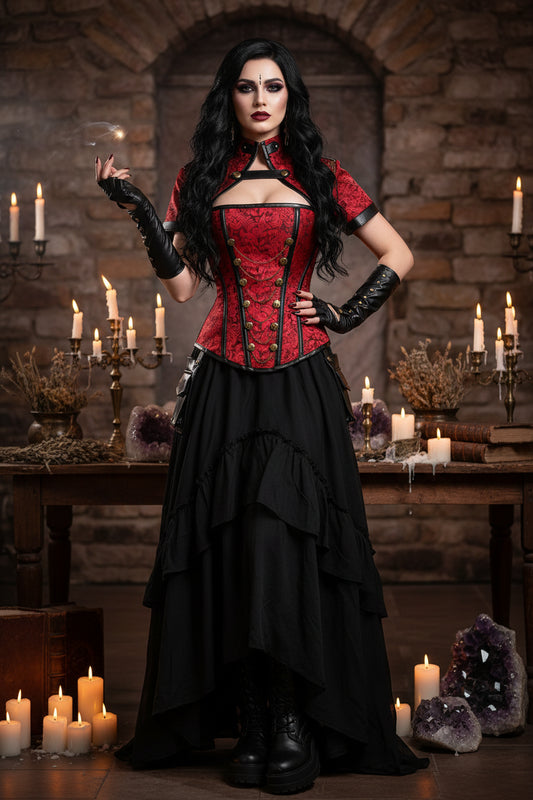 4Pc Corset Set - Sorceress Sanctuary Red / S-Red / M-Red / L-Red / XL-Red / XXL