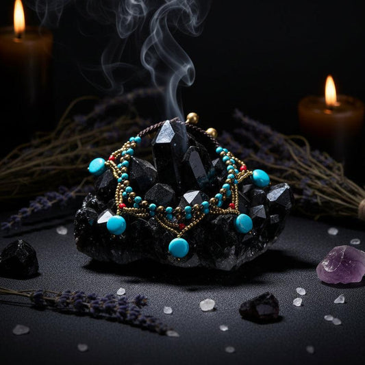 Decorative bracelet with turquoise beads and gold accents on a dark background
