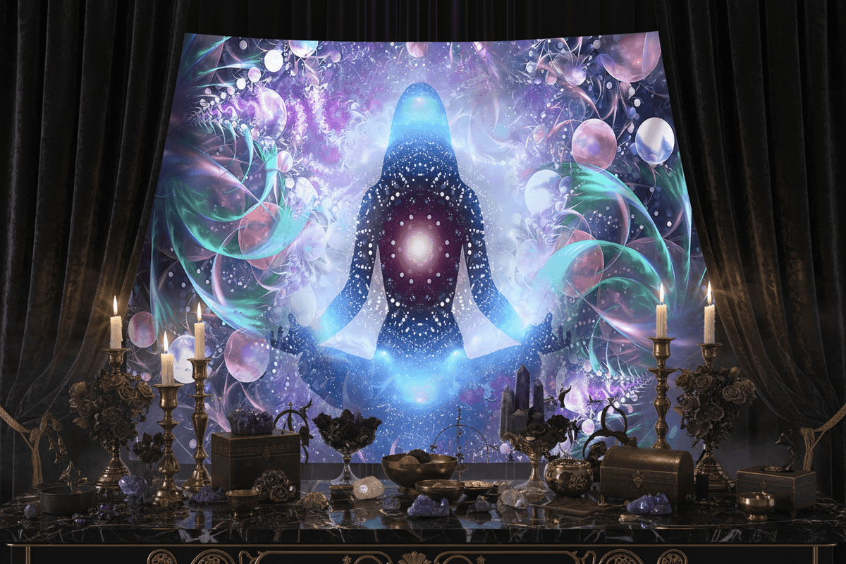 Meditation-themed tapestry with a silhouette of a person in a meditative pose in a living room setting.