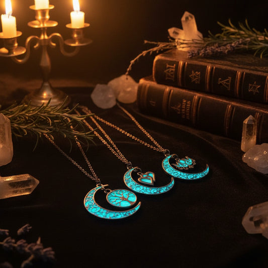Three glowing blue crescent moon necklaces with intricate filigree patterns, each featuring a different pendant design (a tree, a heart with a bird, and a flower) on dark chains against a black background.