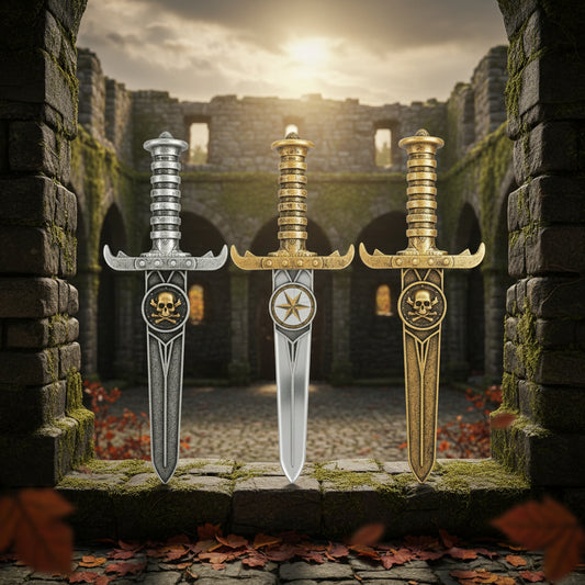 Three decorative swords with gold and black handles on a white background