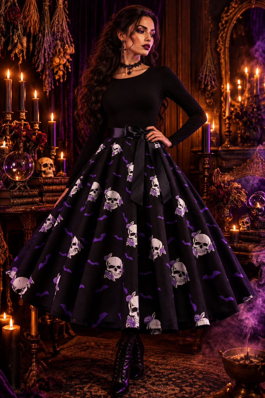 Black dress with skull pattern on a white background