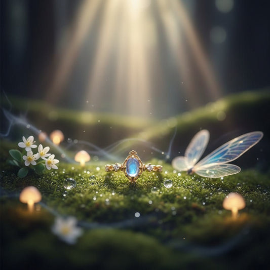 Gold ring with a blue gemstone on a leaf