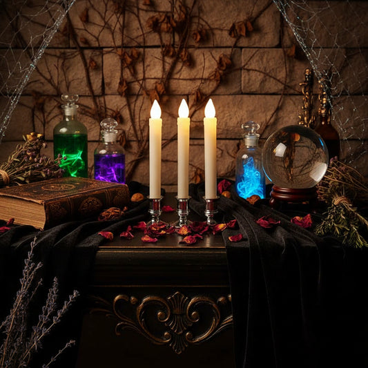 Three flameless LED taper candles with silver candlestick holders, lit to show a warm glowing effect, set on a table with a book and flowers in the background.