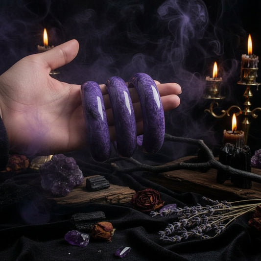 Three purple bangles held in a hand on a white background
