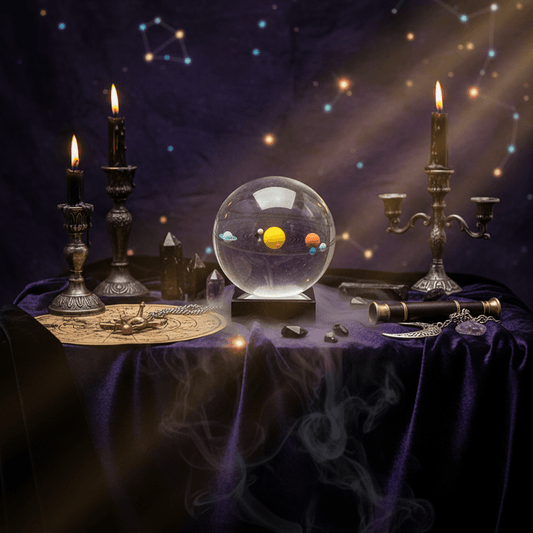 Model of the solar system inside a transparent sphere on a black base.