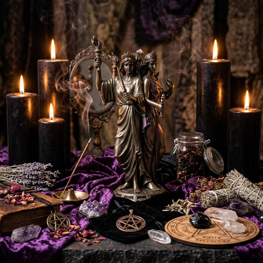 A bronze-finished statue of two draped female figures standing together on a decorative base, one holding a torch and the other holding a curved object, photographed against a plain white background.