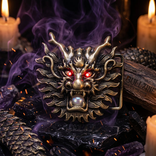 An antique bronze dragon head belt buckle with red eyes and a pearl-like bead in its mouth, shown on a white background with the BULLZINE brand logo in the top left corner.