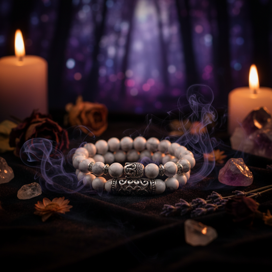Set of white and gray beaded bracelets with silver Buddha charm on a white background