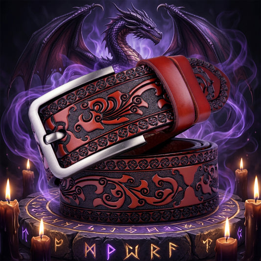 Red leather belt with intricate designs and a silver buckle on a white background
