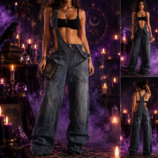 Witchcraft Y2K Denim Overalls, detail view