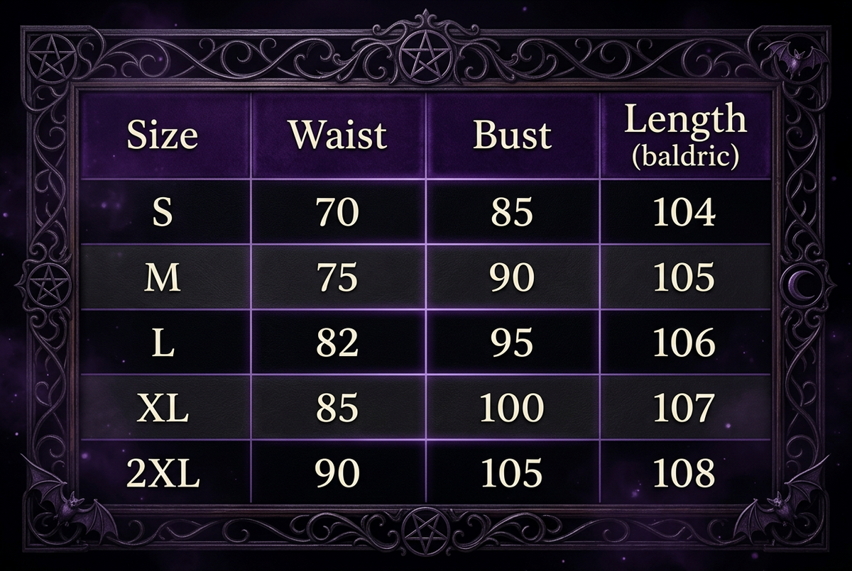 A size chart table with columns for Size, Waist, Bust, and Length (baldric), showing measurements from S to 2XL.