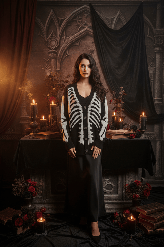 A woman stands in a dark, gothic interior wearing a black and white skeleton-print cardigan over a black outfit. The scene is lit by candles, with draped black fabric, books, flowers, and ornate wall details in the background.