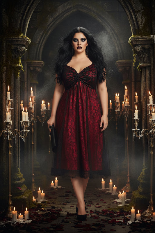 Woman wearing a red and black lace dress against a neutral background