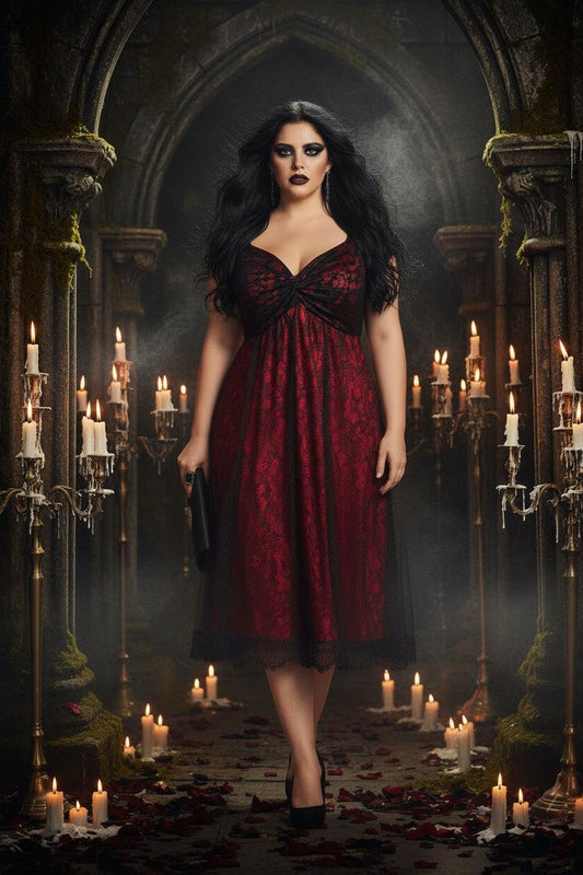 Woman wearing a red and black lace dress against a neutral background