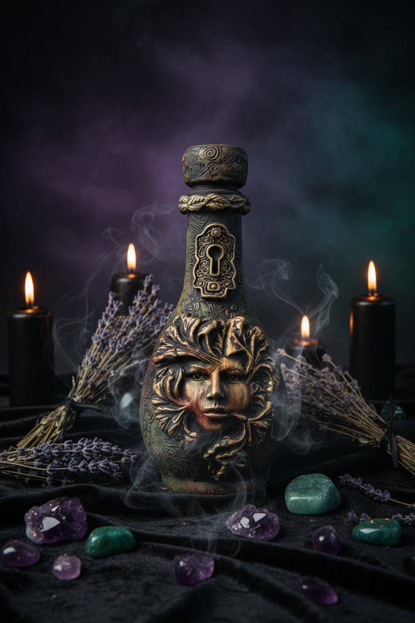 Decorative bottle with artistic design held by a hand on a wooden surface with plants.