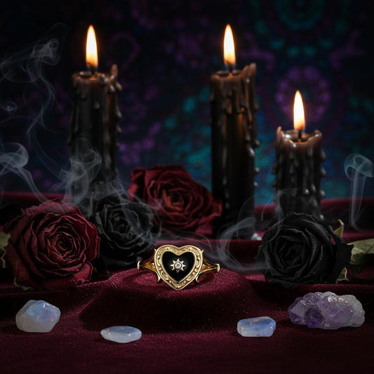 Gold ring with black heart-shaped stone and star detail on a white background