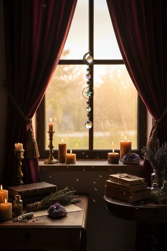 Decorative hanging ornament with crystals and celestial designs on a blurred background