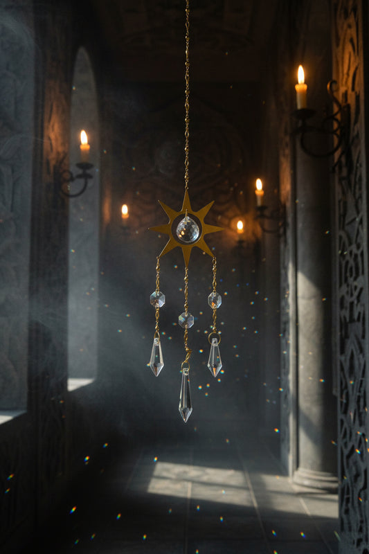 Decorative hanging crystal with star and moon design on a textured wall.
