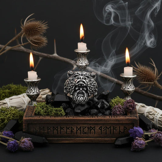 Silver lion head ring on a stone surface with a dark background