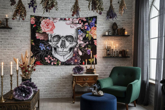 Skull with colorful flowers on a black background
