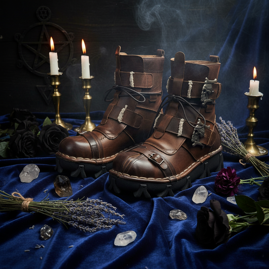 Pair of brown leather boots with decorative elements on a white background