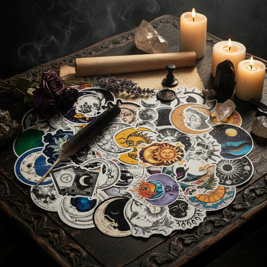Collection of sun and moon-themed stickers on a white background