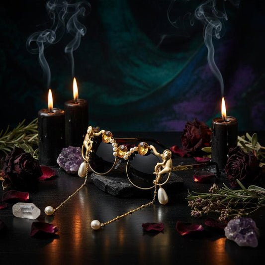 Decorative sunglasses with gold frames, gemstones, and a chain on a white background