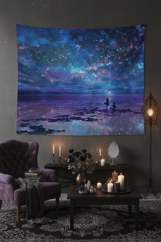 Tapestry with a cosmic scene of two people on a beach under a starry sky.