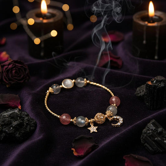 Gold bracelet with colorful beads and charms on a beige surface