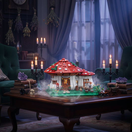 Toy mushroom house with red roof and white spots on a colorful background