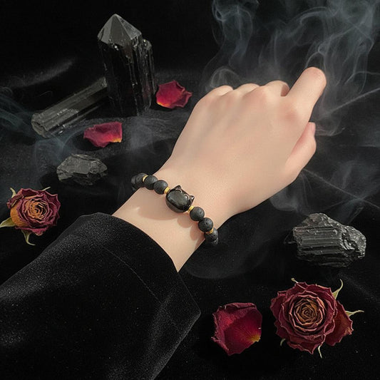 Obsidian Cat Bracelet - Sorceress Sanctuary Obsidian 8mm