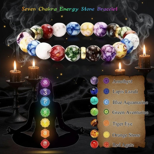 Seven Chakra Energy Stone Bracelet with corresponding stones and a silhouette of a person meditating.