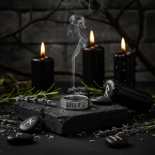 Silver ring with engraved symbols on a white background