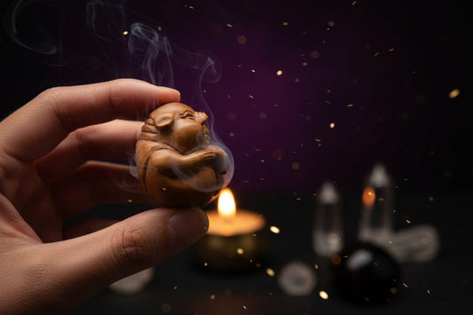 Wooden figurine of a monkey held in a hand against a white background