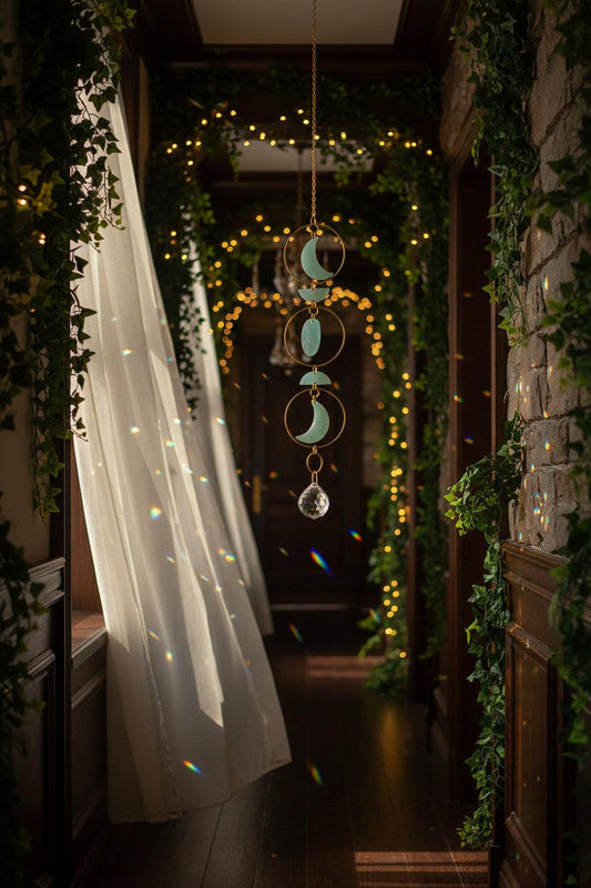 Decorative hanging ornament with gold rings and turquoise stones on a soft background
