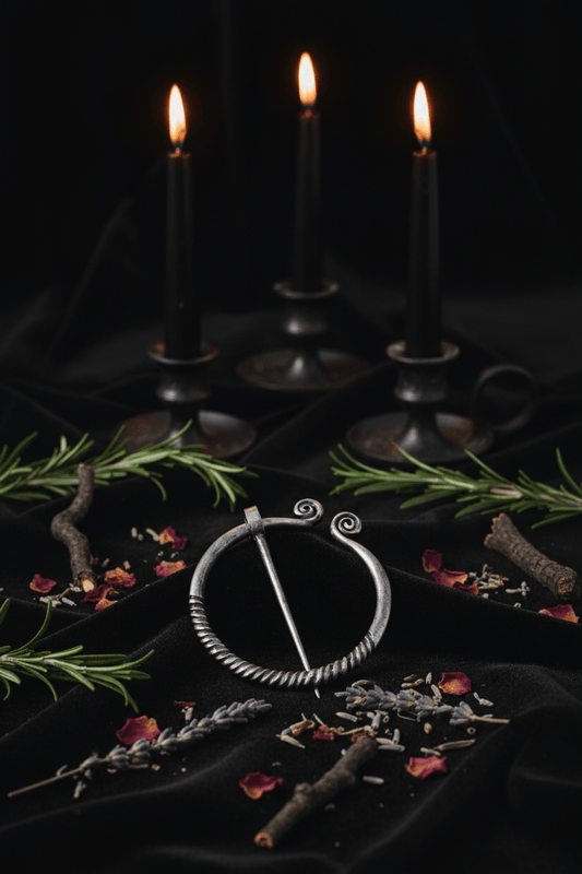 Silver brooch with intricate design on a wooden surface