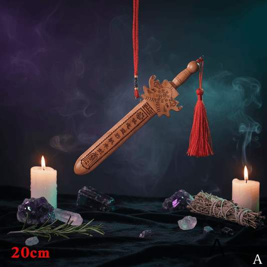Wooden sword-shaped pendant with tassel on a white background
