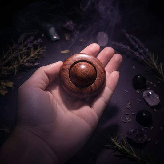 Wooden ball held in a hand with a blurred background