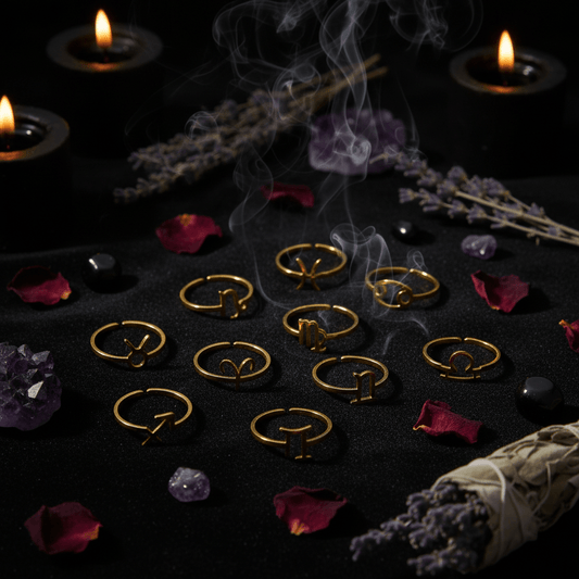 Gold rings with zodiac symbols on a beige fabric background