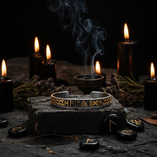 Runic bracelet on a textured stone surface with leaves