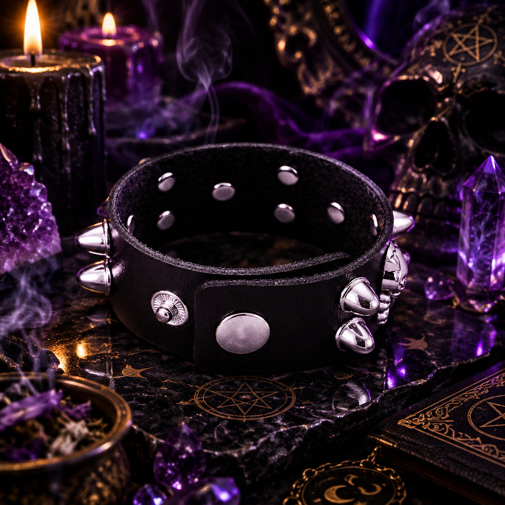 Grimfang Skull Rivet Bracelet, close up detail