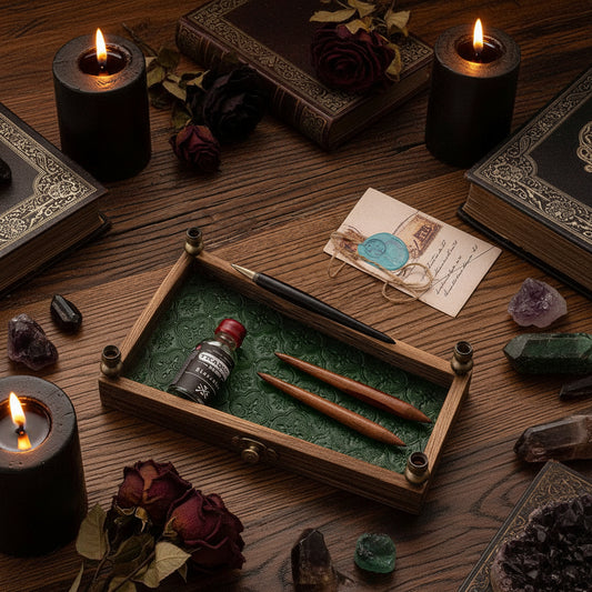 Pen and ink bottle on a textured wooden surface with a decorative card.